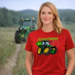 Zöld traktoros piros női póló