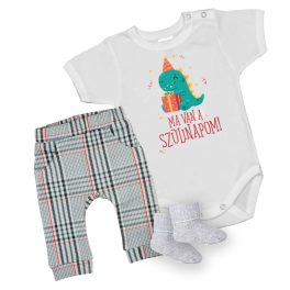   DÍNÓ Szülinapos rövid ujjú fehér body + hosszú nadrág  és zokni