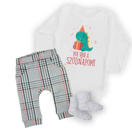   DÍNÓ Szülinapos hosszú ujjú fehér body + hosszú nadrág  és zokni