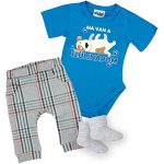 MA VAN A SZÜLINAPOM KUTYÁS rövid  ujjú kék body + hosszú nadrág  és zokni