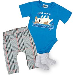   MA VAN A SZÜLINAPOM KUTYÁS rövid  ujjú kék body + hosszú nadrág  és zokni