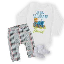   Traktoros Szülinapos Hosszú ujjú fehér body + nadrág  és zokni