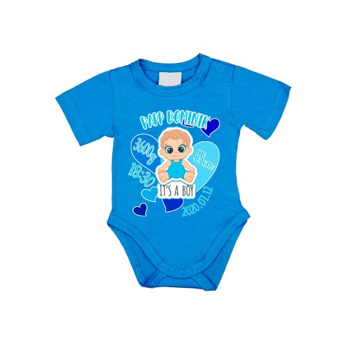 Kék Névre szóló rövidujjú baba body születési adatokkal (Fiú)