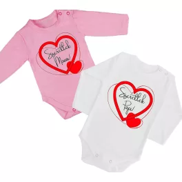   2 DARABOS "SZERETLEK MAMI", "SZERETLEK PAPI" SZETT (FEHÉR-RÓZSASZÍN) HOSSZÚ UJJÚ