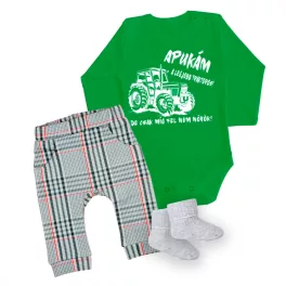   Apukám a legjobb traktoros fehér minta, BABY BODY Zöld HOSSZÚ UJJÚ + Nadrág és Zokni