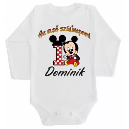  [AKCIÓ] 80-as méretű (Benedikt névvel) Első szülinapom! Baba Body fiú fehér hosszú ujjú