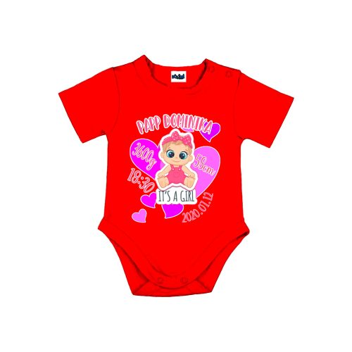 Piros Névre szóló rövidujjú baba body születési adatokkal (Lány)