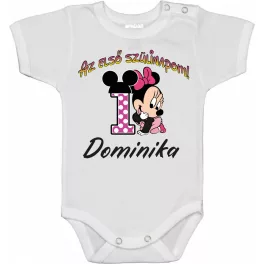   [AKCIÓ] 92-es MÉRET Dominika NÉVVEL Első szülinapom! Baba Body lány fehér rövid ujjú 