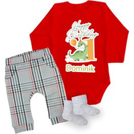   DÍNÓS hosszú ujjú piros body + hosszú nadrág  és zokni