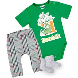 DÍNÓS NEVES SZÜLINAPOS RÖVID ZÖLD BABA BODY, HOSSZÚ NADRÁG ÉS ZOKNI