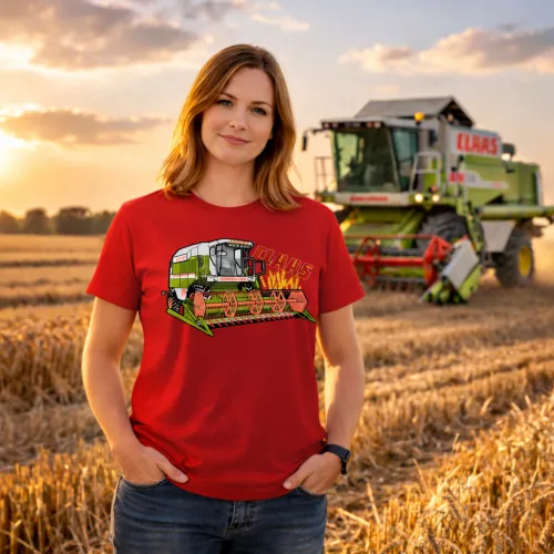 Claas Dominator piros traktoros női póló