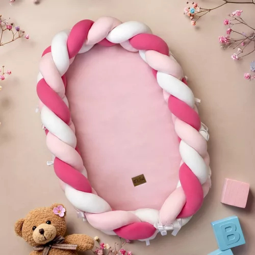 Babafészek Prémium Fonott (Babarózsaszín/fehér/pink) 