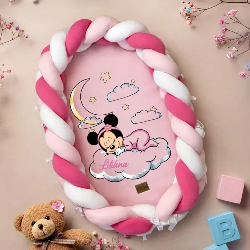 Babafészek Prémium Fonott Felhős mintás (Babarózsaszín/fehér/pink)