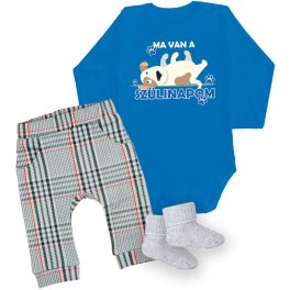   MA VAN A SZÜLINAPOM KUTYÁS hosszú ujjú kék body + hosszú nadrág  és zokni
