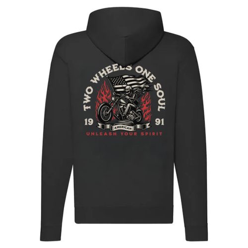 TWO WHEELS ONE SOUL MOTOROS FEKETE CIPZÁRAS PULÓVER