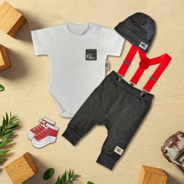   Fehér/Fekete melír zsebes Exkluzív Babaruha szett piros nadrágtartóval