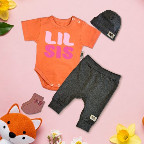 LIL SIS Narancs/Sötétmelír Exkluzív Babaruha szett