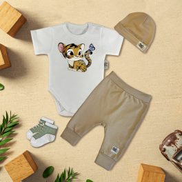Tigrises Fehér/Kávé Exkluzív Babaruha szett