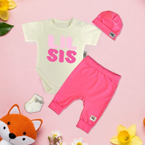 LIL SIS Törtfehér/Pink Exkluzív  Babaruha szett