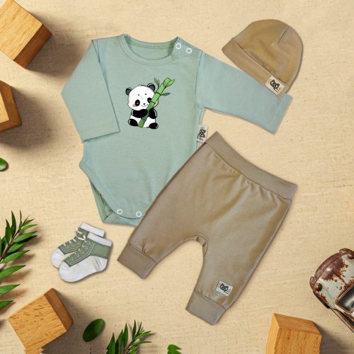 Pandás Menta/Kávé Exkluzív Babaruha szett (hosszú ujjú)