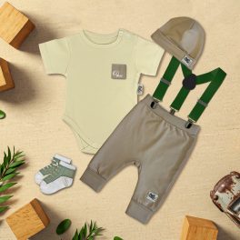   Vanília/Kávé zsebes Exkluzív Babaruha szett nadrágtartóval