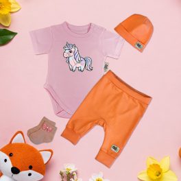 Unikornisos rózsaszín/narancs Exkluzív Babaruha szett