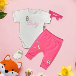 Baby Fehér/Pink Exkluzív Babaruha szett hajpánttal