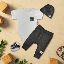 Fehér/Fekete melír zsebes Exkluzív Babaruha szett