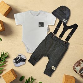   Fehér/Fekete melír zsebes Exkluzív Babaruha szett nadrágtartóval