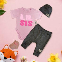 LIL SIS Rózsaszín/Sötét melír Exkluzív Babaruha szett