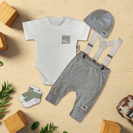   Fehér/Szürke melír zsebes Exkluzív Babaruha szett fehér nadrágtartóval