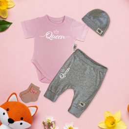 Queen Rózsaszín/szürke melír Exkluzív Babaruha szett