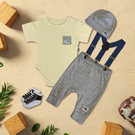   Vanília/Szürke melír zsebes Exkluzív Babaruha szett sötétkék nadrágtartóval