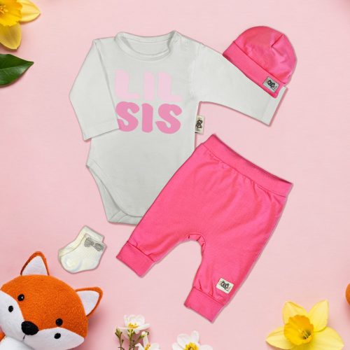 LIL SIS Fehér/Pink Exkluzív Exkluzív  Babaruha szett (hosszú ujjú)