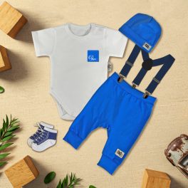Fehér/Kék zsebes Exkluzív Babaruha szett nadrágtartóval