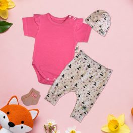 Pink fodros/Őzikés Exkluzív Babaruha szett