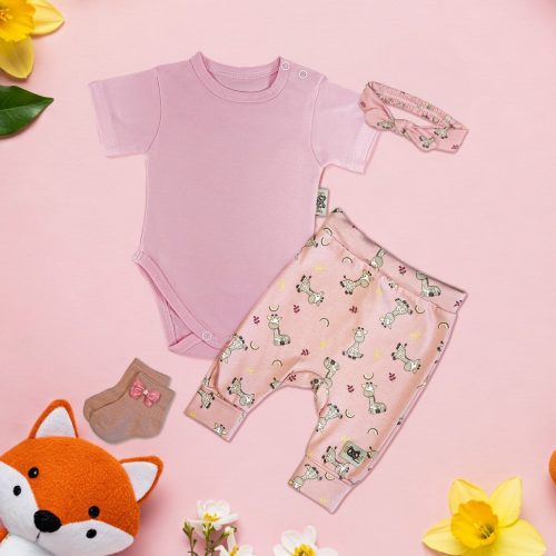 Pink/Zsiráfos Exkluzív Babaruha szett hajpánttal