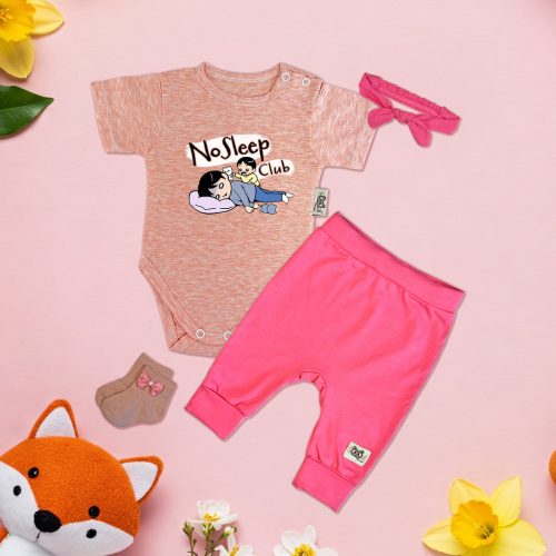 No sleep club narancs melír/Pink Exkluzív Babaruha szett hajpánttal