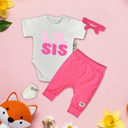 LIL SIS Fehér/Pink Exkluzív Babaruha szett hajpánttal
